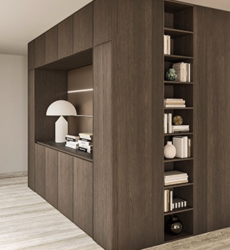 Snaidero Quadra kitchen and dining room in Earth Oak plywood